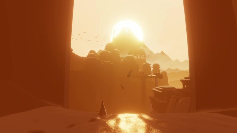 Journey Screenshot: Ein Blick auf den Zwillingsgipfel vom Anfang des Spiels