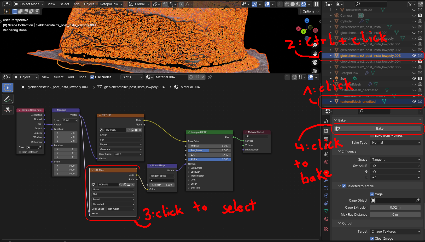 Image demonstrating the order of clicks to start the normal map bake