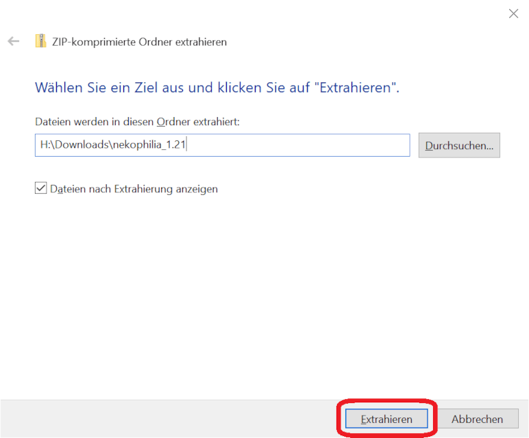 Extrahieren der ZIP-Datei unter Windows 10