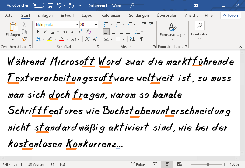 Fehlendes Kerning in Microsoft Word