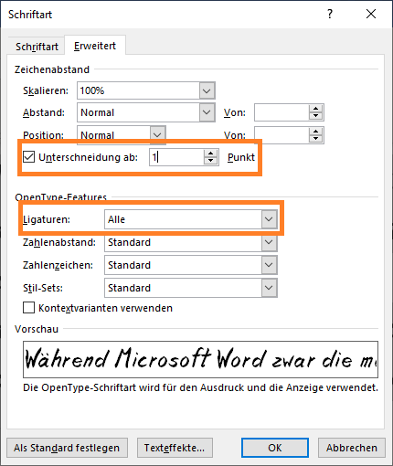 Korrekte Einstellungen in Microsoft Word